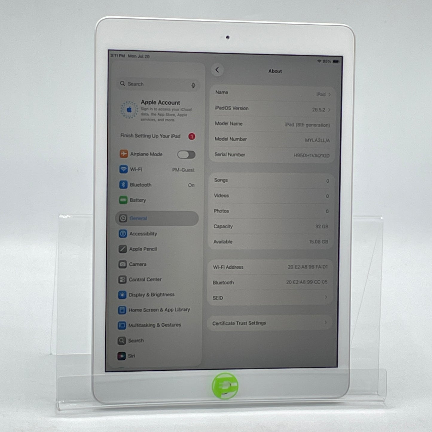 WiFi Only Apple iPad 8th Gen 32GB Silver MYLA2LL/A