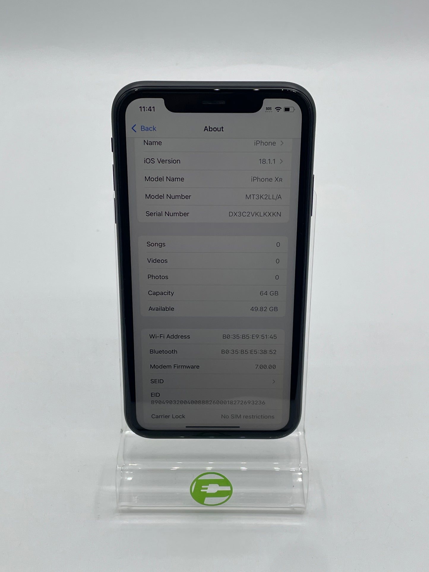 Unlocked Apple iPhone XR 64GB 18.1.1 Black MT3K2LL/A