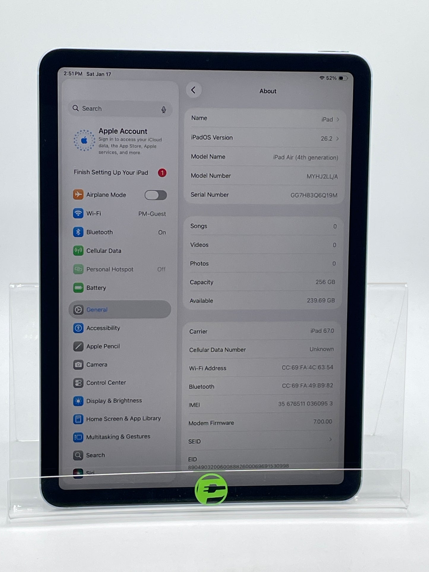 Unlocked Apple iPad Air 4th Gen 256GB 26.2 Blue MYHJ2LL/A