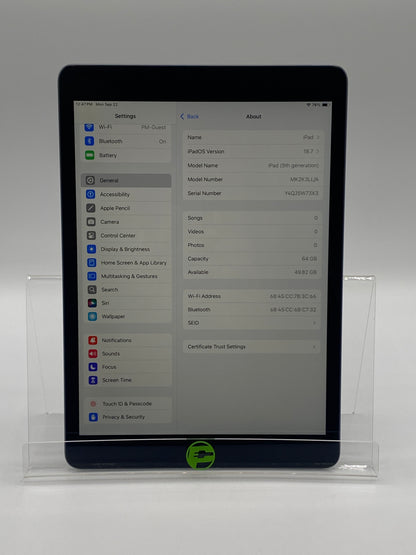 WiFi Only Apple iPad 9th Gen 64GB 18.7 Space Gray MK2K3LL/A