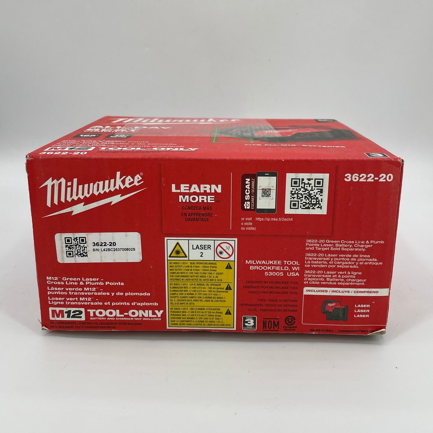 New Milwaukee 3622-20 M12 12V M12 Green Laser Cross Line & Plumb Points