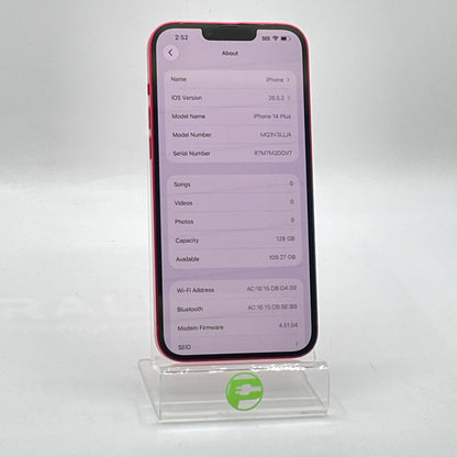 Unlocked Apple iPhone 14 Plus 128GB 26.5.2 Product Red MQ3V3LL/A