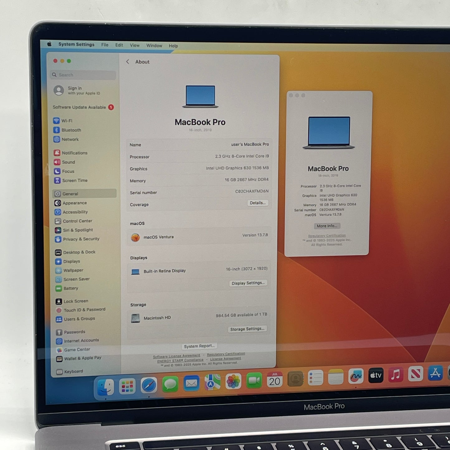 2019 Apple MacBook Pro 16" i9 2.3GHz 16GB RAM 1TB SSD Silver A2141