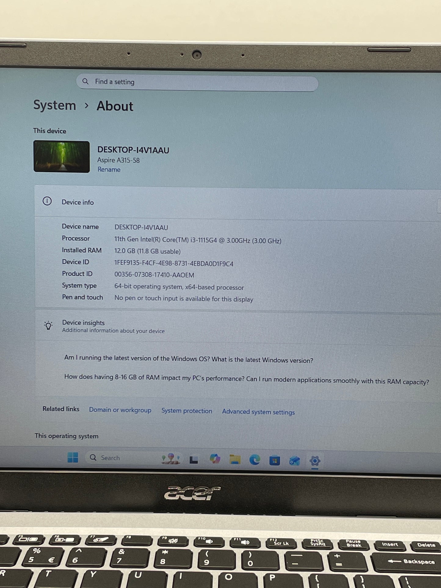 Acer Aspire 3 A315-58 15.6" i3-1115G4 3.0GHz 12GB RAM 240GB SSD