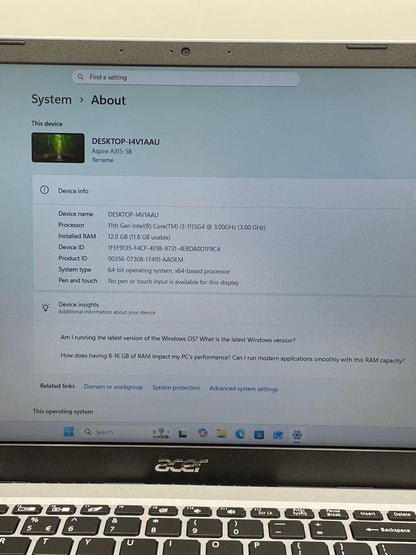 Acer Aspire 3 A315-58 15.6" i3-1115G4 3.0GHz 12GB RAM 240GB SSD