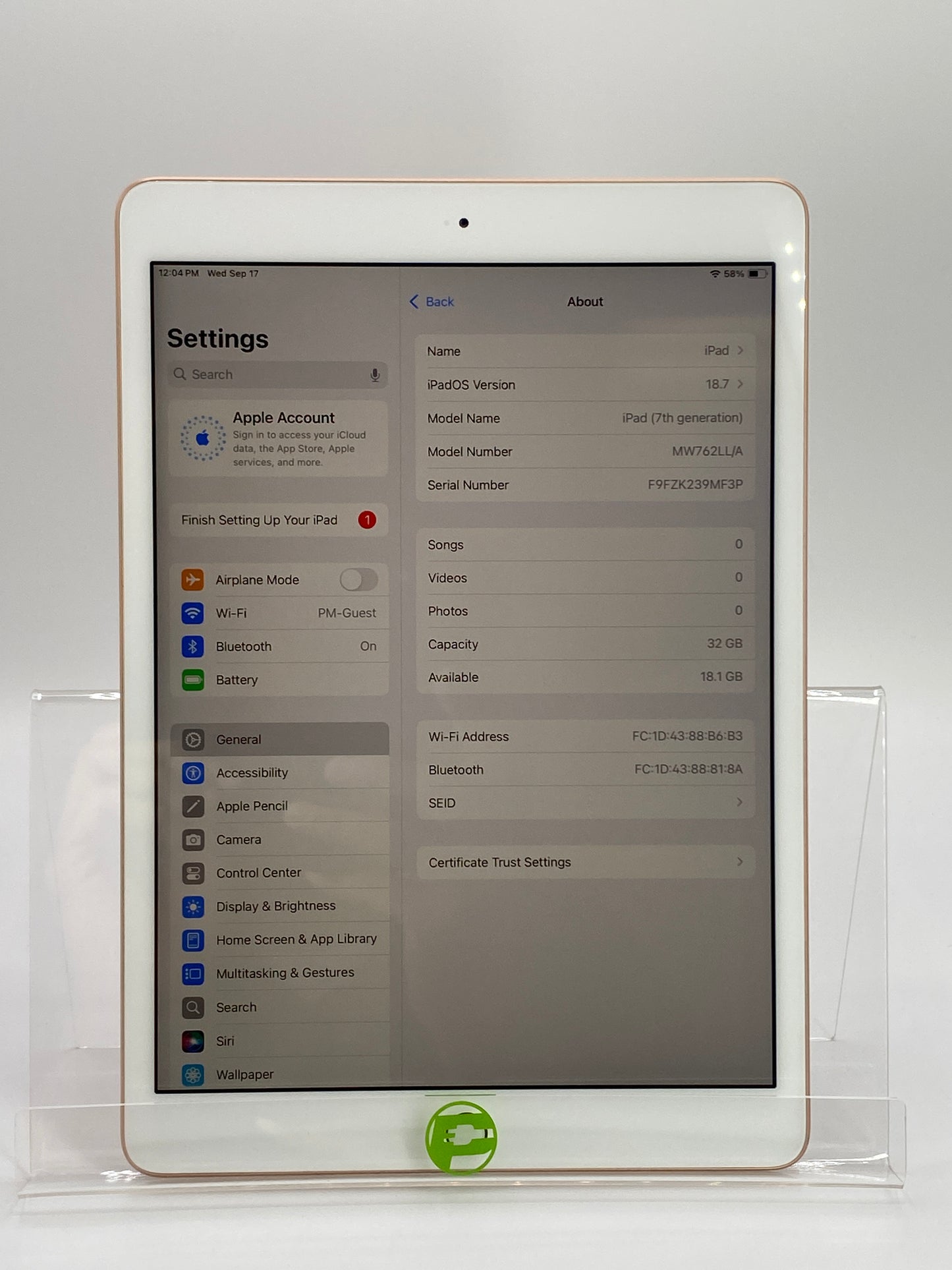 WiFi Only Apple iPad 7th Gen 32GB 18.7 Rose Gold MW762LL/A