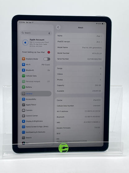 Unlocked Apple iPad Air 4th Gen 256GB 26.2 Blue MYHJ2LL/A