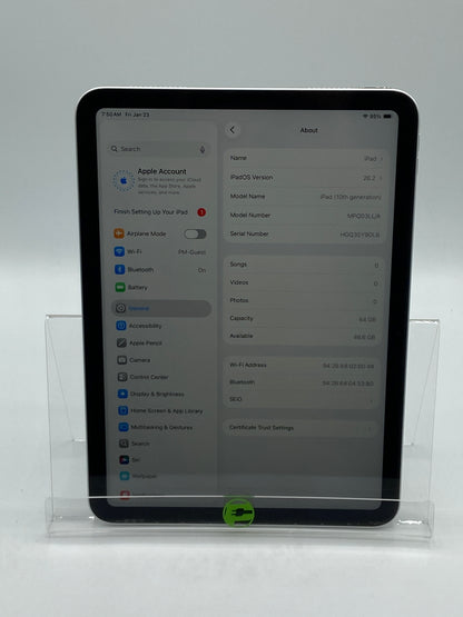 WiFi Only Apple iPad 10th Gen 64GB Silver MPQ03LL/A