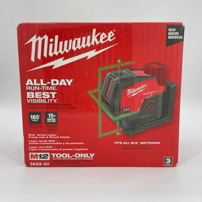 New Milwaukee 3622-20 M12 12V M12 Green Laser Cross Line & Plumb Points