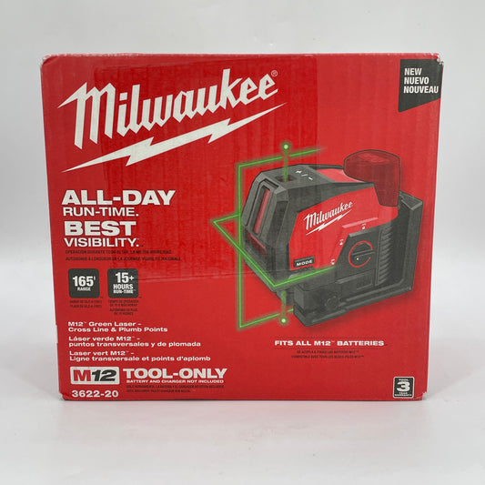 New Milwaukee 3622-20 M12 12V M12 Green Laser Cross Line & Plumb Points