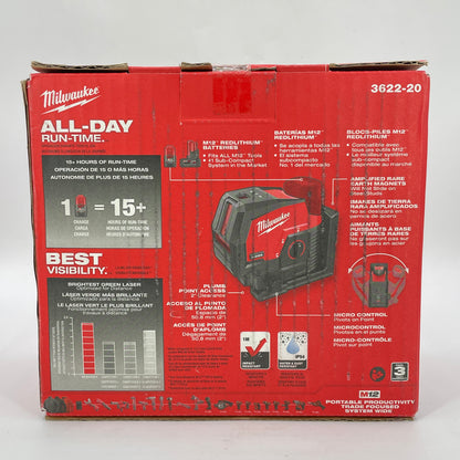 New Milwaukee 3622-20 M12 12V M12 Green Laser Cross Line & Plumb Points