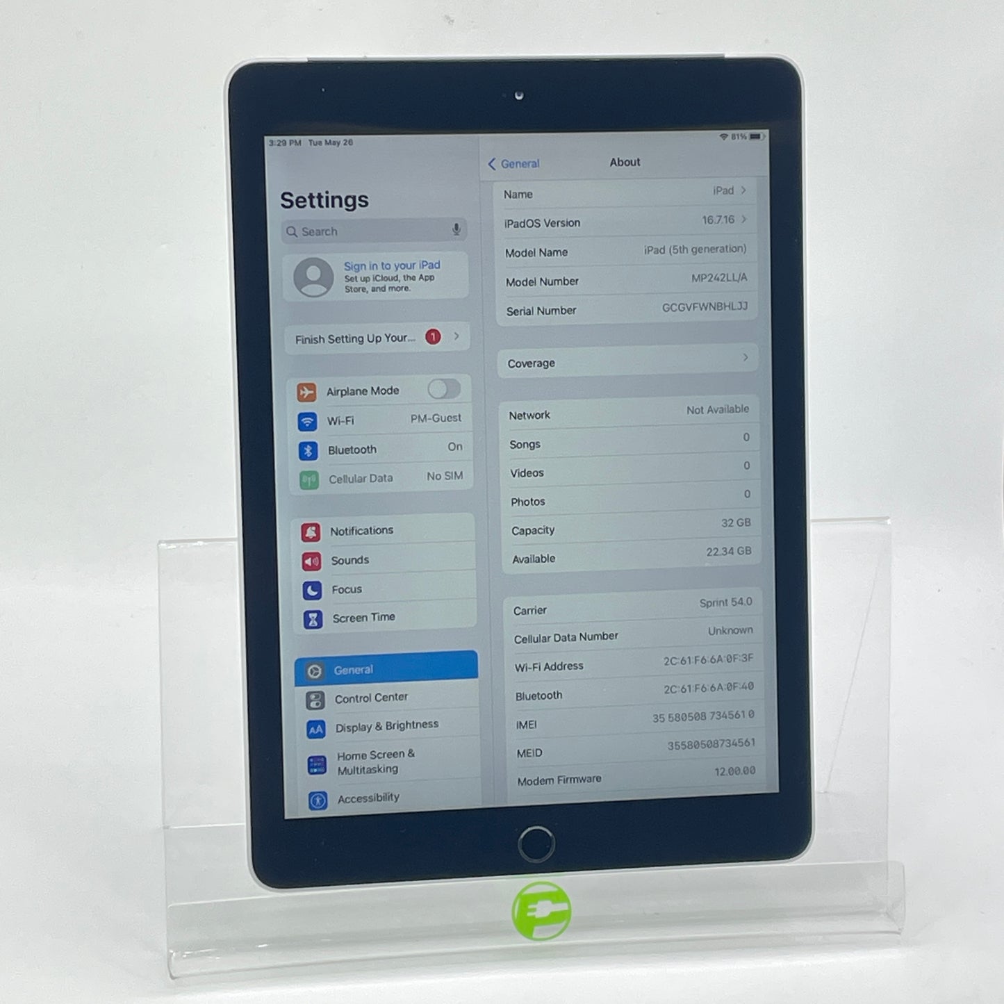 Unlocked Apple iPad 5th Gen 32GB 16.7.16 Space Gray MP242LL/A