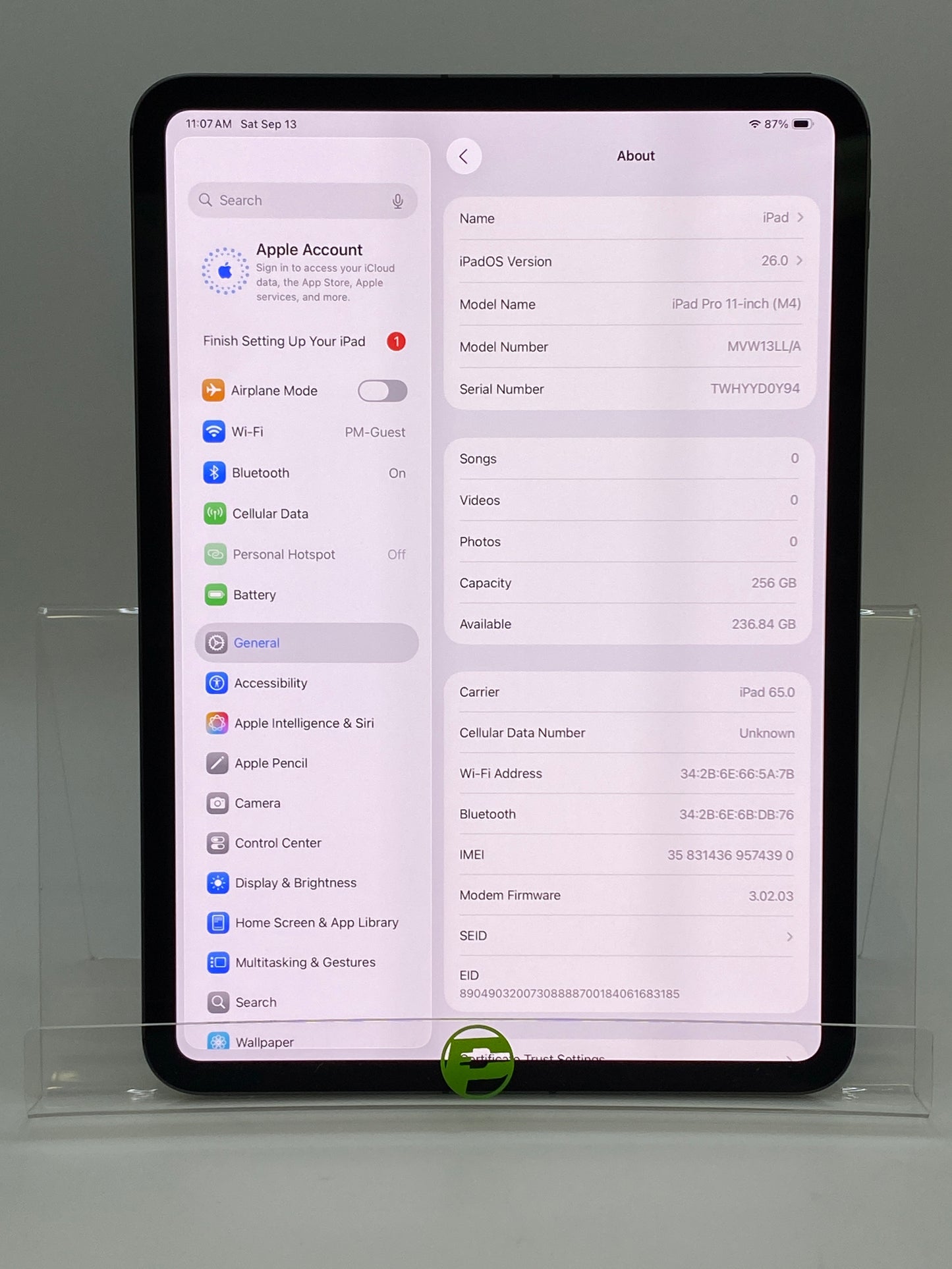 Unlocked Apple iPad Pro 11" M4 256GB 26.0 Space Gray MVW13LL/A