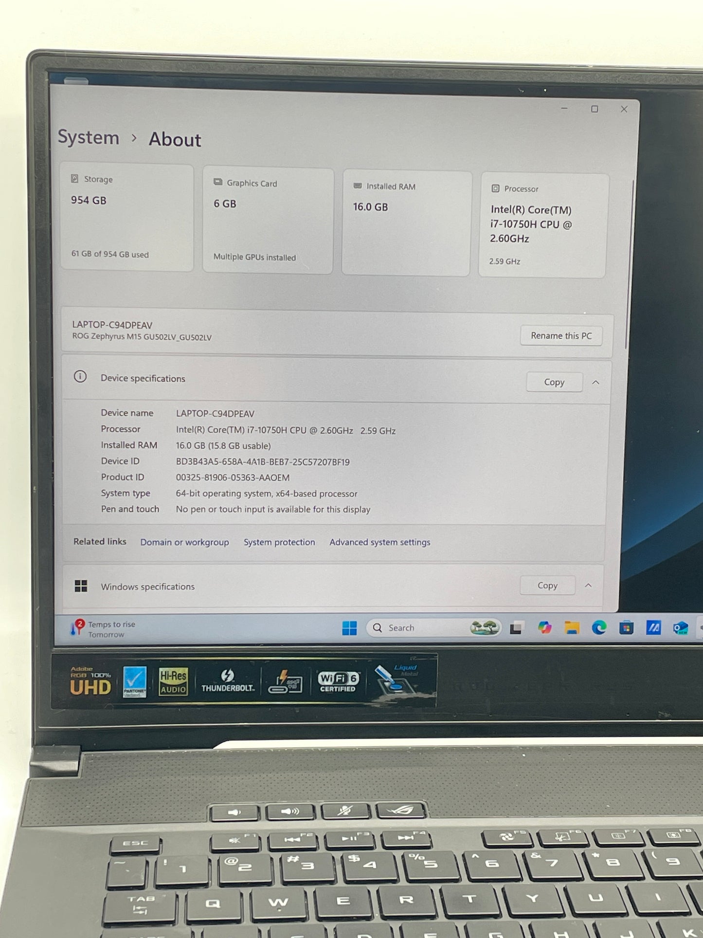 Asus ROG Zephyrus M15 GU502L 15.6"i7-10750H 2.6GHz 16GB 1TB SSD GeForce RTX 2060