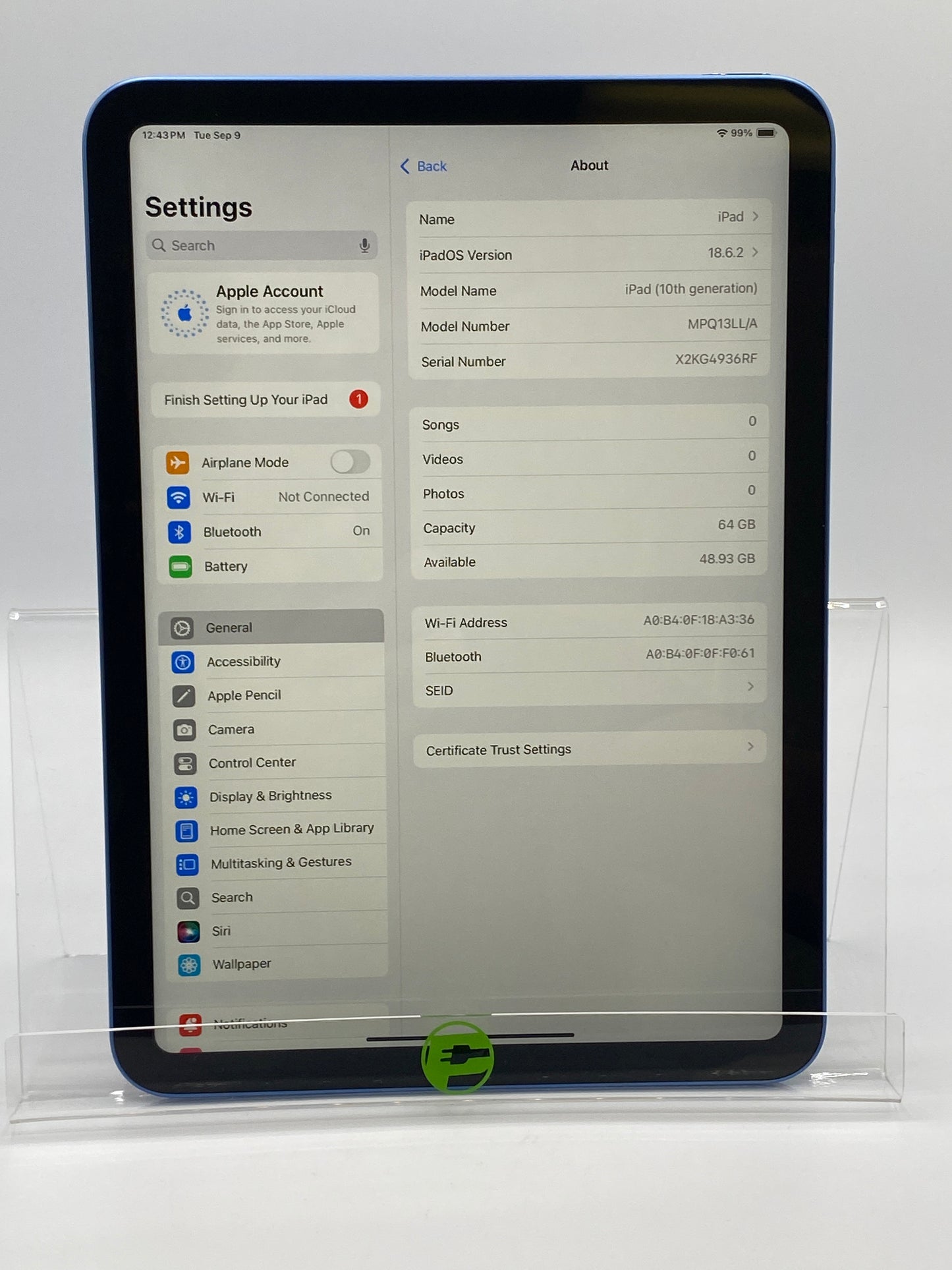 WiFi Only Apple iPad 10th Gen 64GB Blue MPQ13LL/A