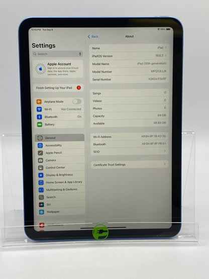 WiFi Only Apple iPad 10th Gen 64GB Blue MPQ13LL/A