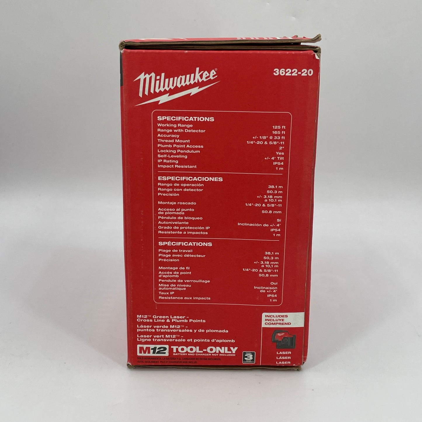 New Milwaukee 3622-20 M12 12V M12 Green Laser Cross Line & Plumb Points