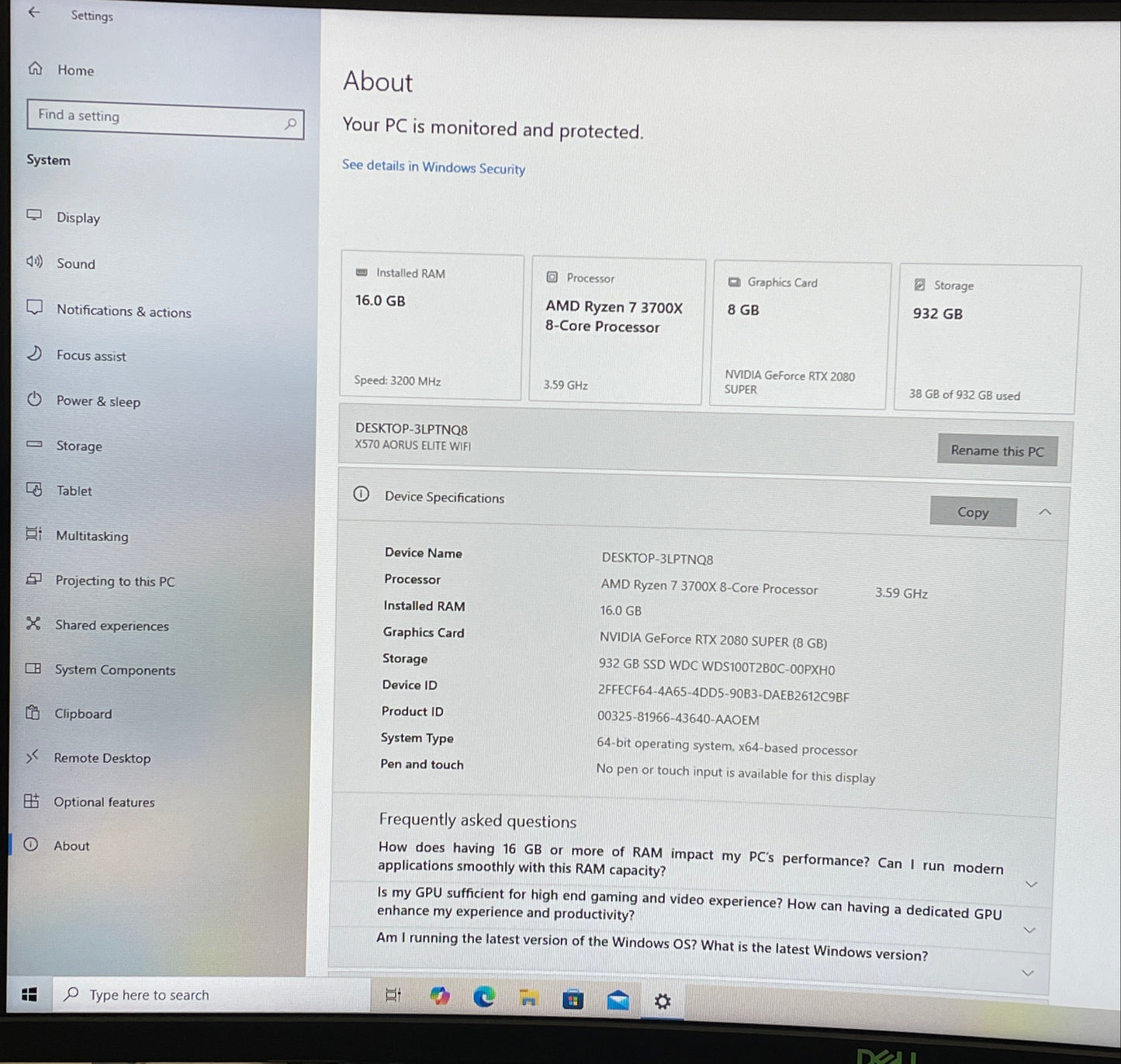NZXT PC Ryzen 7 3700X 3.60GHz 16GB RAM 1TB SSD Gigabyte GeForce RTX 2080 Super