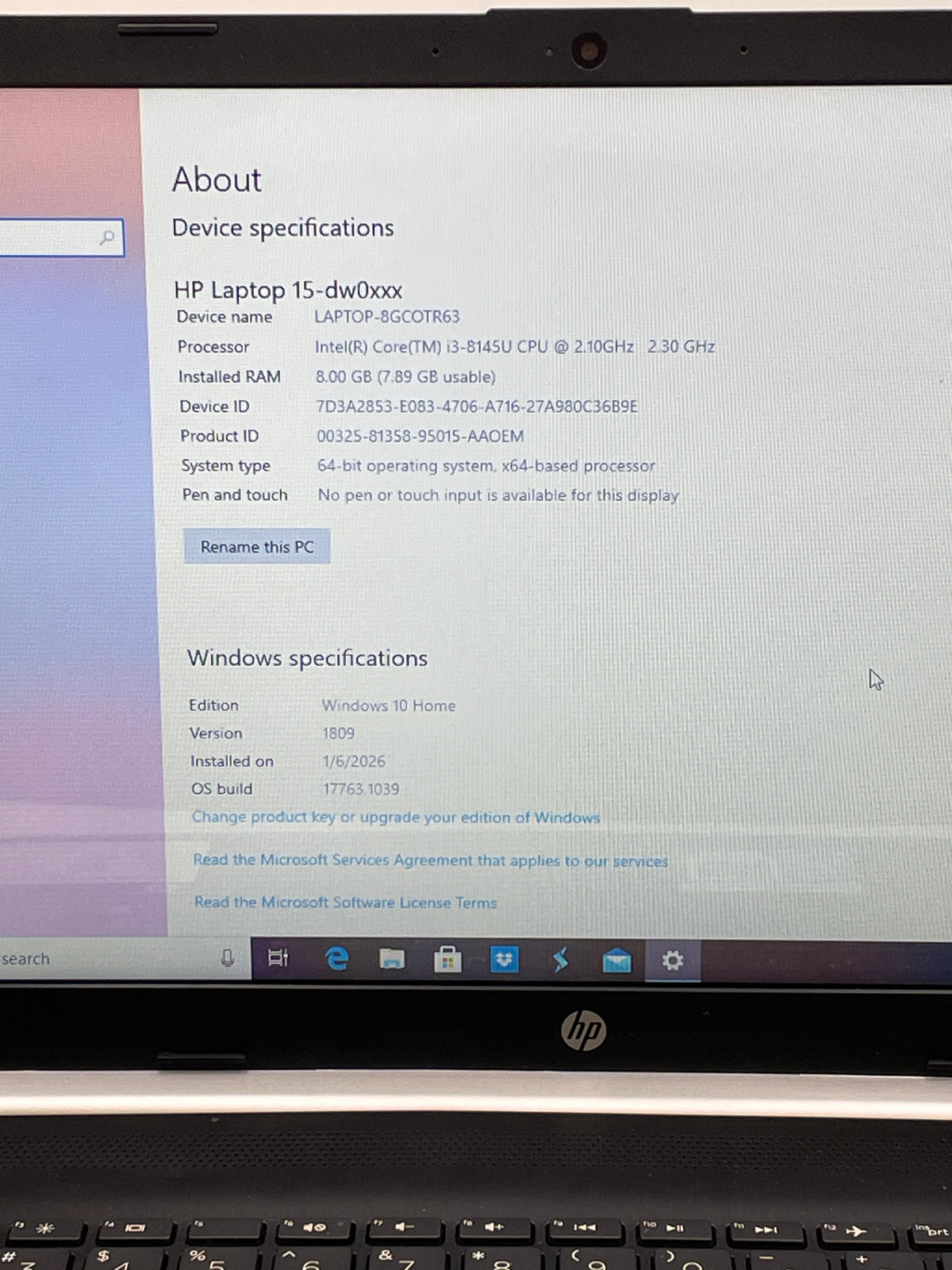HP Pavilion 15-DW0037WM 15.6" i3-8145U 2.1GHz 8GB RAM 1TB SSD