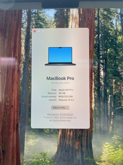 2023 Apple MacBook Pro 14" M3 Pro 18C GPU 4.0GHz 36GB RAM 512GB SSD A2992