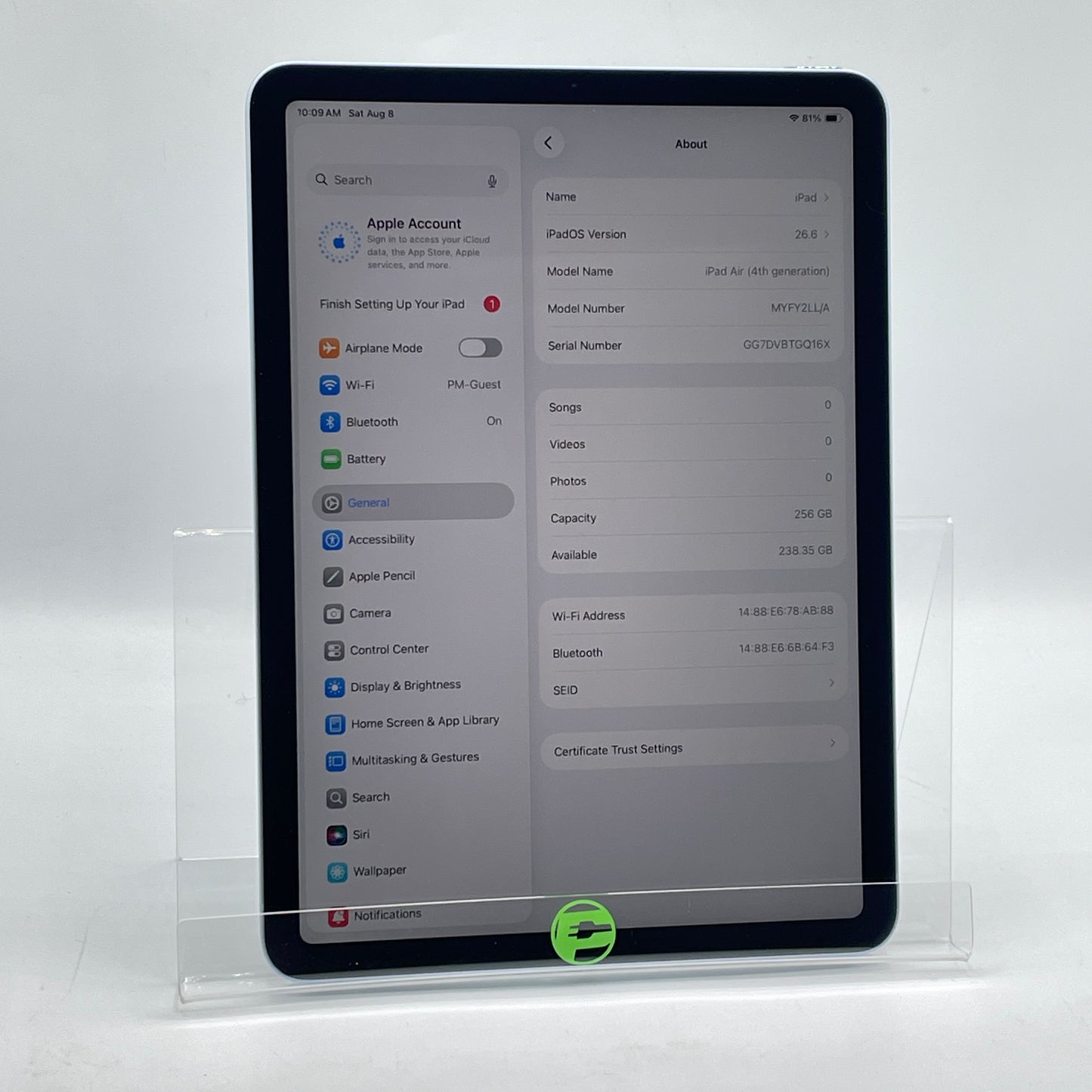 WiFi Only Apple iPad Air 4th Gen 256GB Sky Blue MYFY2LL/A