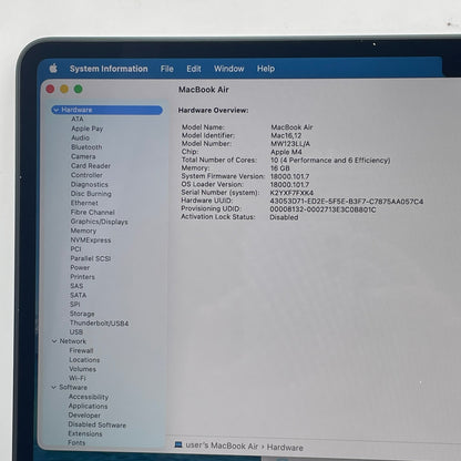 2025 Apple MacBook Air 13" M4 8C GPU 4.5GHz 16GB RAM 256GB SSD A3240