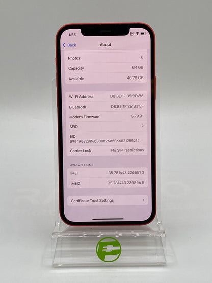 Unlocked Apple iPhone 12 64GB Red MGF63LL/A