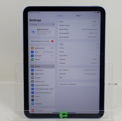 WiFi Only Apple iPad 10th Gen 64GB Blue MPQ13LL/A